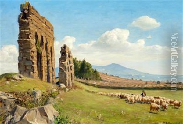 A Shepherd And His Sheep In The Roman Campagna Oil Painting - Hans Andersen Brendekilde