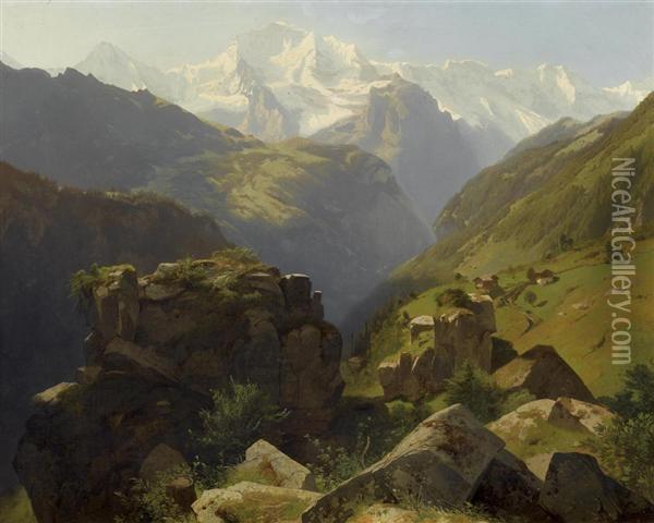 Blick Auf Die Jungfrau Uber Eine Gerollhalde. Um 1854 - 1860. Oil Painting - Alexandre Calame
