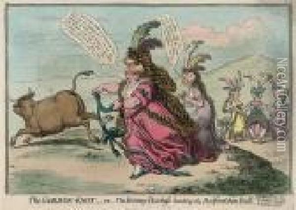 The Gordon-knot, Or The Bonny Duchess Hunting The Bedfordshire Bull Oil Painting - James Gillray