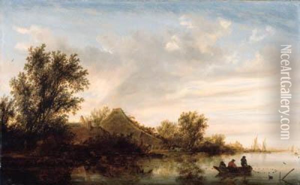 A River Landscape With Fishermen
 In Rowing Boats And Peasants By Alanding Stage By A Farmhouse, Shipping
 Beyond Oil Painting - Salomon van Ruysdael