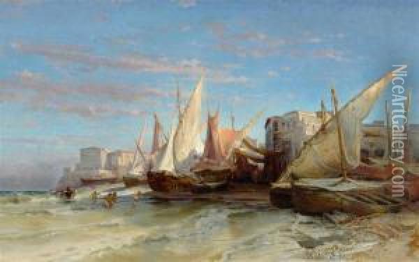 Sailing Ships On A Strip Of Coast. Oil Painting - Arthur Jean Bapt. Calame