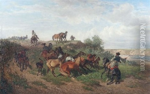 Pferdetreiber In Der Puszta Oil Painting - Heinrich Lang