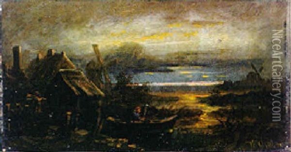 Abendliche Niederrheinische Fluslandschaft Oil Painting - August Wilhelm Sohn