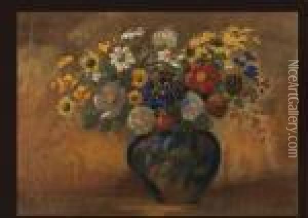 Flowers In The Vase(estampe) Oil Painting - Odilon Redon