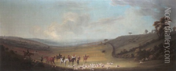 An Extensive Landscape With Hunting Party Oil Painting - Thomas (of Derby) Smith