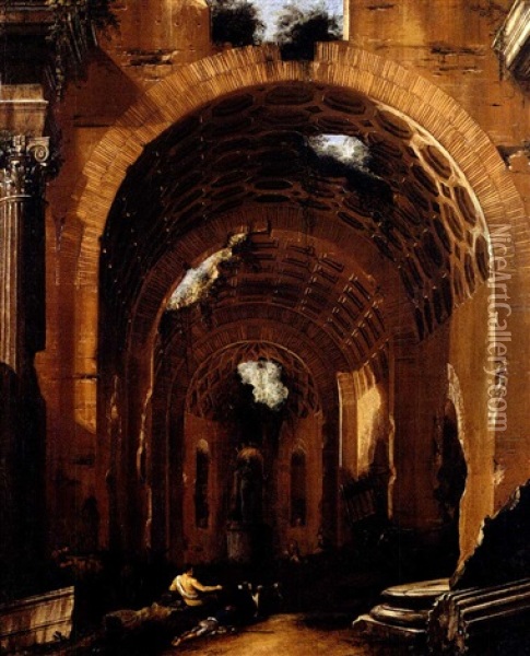 Pastori All'interno Della Basilica Di Massenzio (in Collab. W/filippo Lauri) Oil Painting - Viviano Codazzi