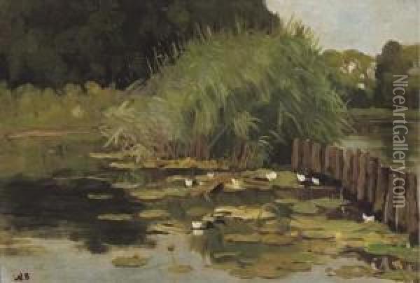 Biezen En Waterlelies: The River Vecht Near Nieuwersluis Oil Painting - Nicolaas Bastert