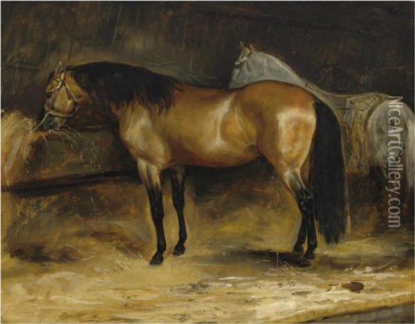 Two Horses In A Stable Oil Painting - Theodore Gericault