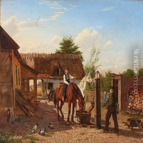 The Horses Are Being Watered On A Sunlitt Farmyard Oil Painting - August Fischer