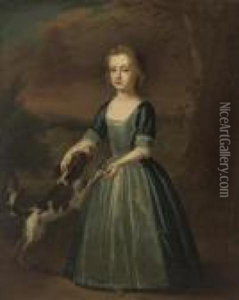 Portrait Of Miss Cresset, 
Standing, Full-length, In A Blue Dress With Lace Apron, A Spaniel At Her
 Side, In A Landscape Oil Painting - Thomas Murray