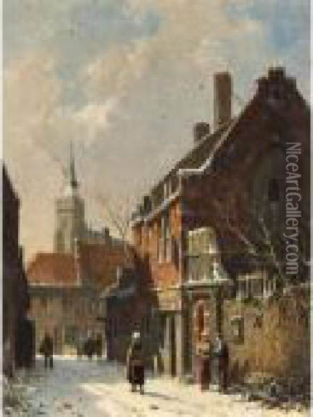 Figures In The Streets Of A Dutch Town In Winter Oil Painting - Adrianus Eversen