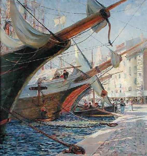 View of a Mediterranean Port 1913 Oil Painting - Frederic Montenard