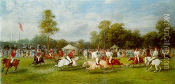 A Polo Match At Hurlingham Between The Royal Horse Guards And The Monmouthshire Team, Played On 7 July 1878 Oil Painting - George Earl