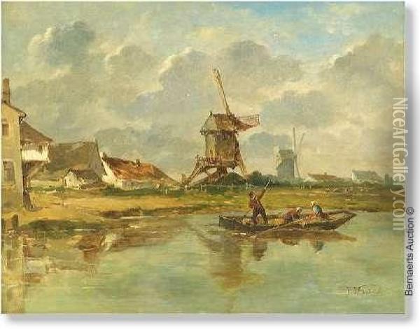 Mill Landscape With Ferry Oil Painting - Paul Joseph Constantine Gabriel