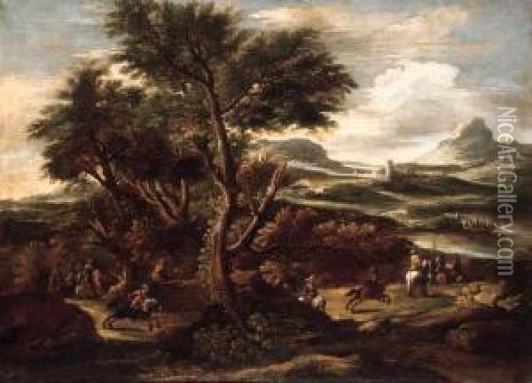 A Cavalry Troop In A Wooded River Landscape With A Hilltop Townbeyond Oil Painting - Pandolfo Reschi