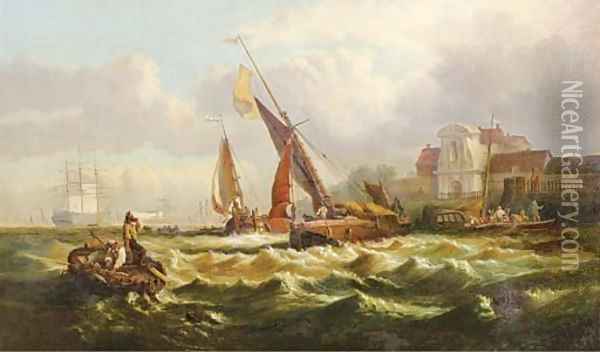 A shippingport with figures on a quai Oil Painting - George Clarkson Stanfield
