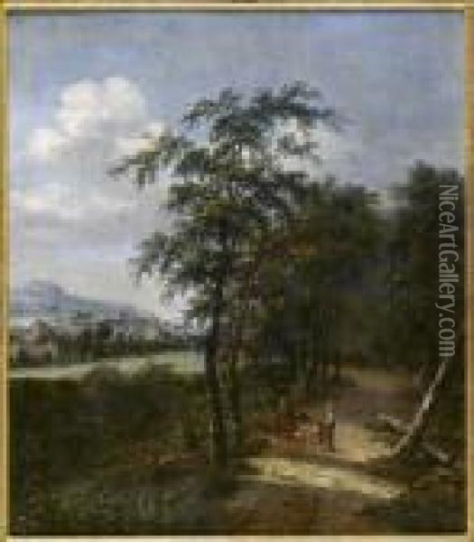 An Extensive Wooded Landscape With Figures On A Path. Oil Painting - Dionys Verburgh