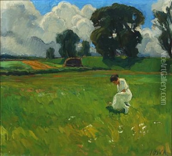 Landscape With A Young Woman In A White Dress Oil Painting - Soren Josva Christensen