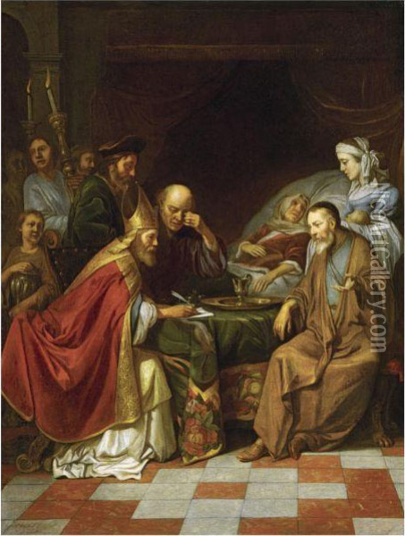 Zacharias Writing The Name Of Saint John The Baptist Oil Painting - Hendrick Heerschop or Herschop
