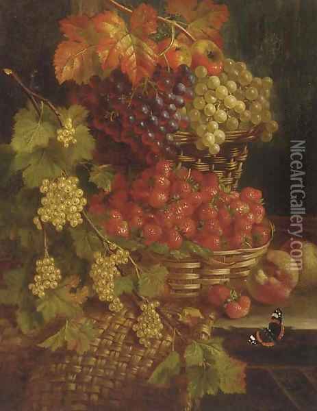 Grapes, strawberries, whitecurrants, peaches, and a red admiral butterfly, on a wooden ledge Oil Painting - William Hughes