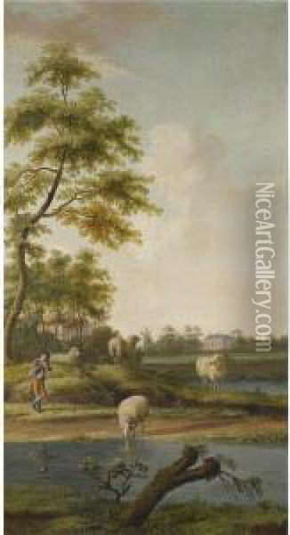A Fluvial Landscape With Cows Grazing, A Farm Beyond Oil Painting - Hendrick Willelm Schweickhardt