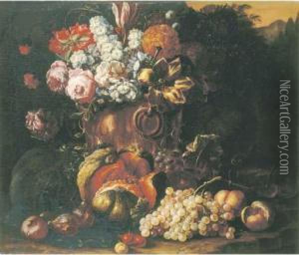 A Still Life Of Flowers In A 
Bronze Vase, With A Melon, Grapes,peaches And Other Fruit On A Forest 
Floor Oil Painting - Gaspar-pieter The Younger Verbruggen