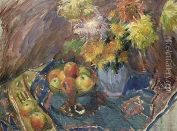 Stilleben Mit Apfeln Und Chrysanthemen Oil Painting - Fritz Stotz