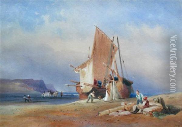 Fishermen Mending Nets Oil Painting - Thomas Jones Barker