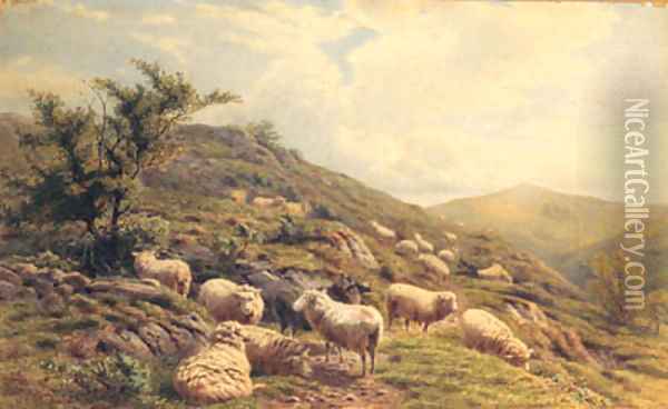 Sheep grazing in a Hilly Landscape Oil Painting - Henry Birtles