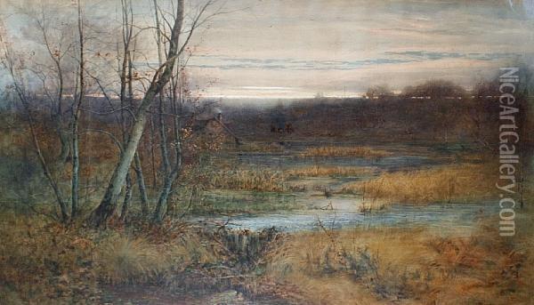 River Landscape At Twilight Oil Painting - George Dunkerton Hiscox