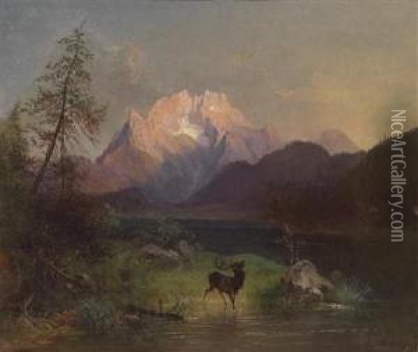 Bellowing Stagby The Lake Shore Oil Painting - Josef Schwemminger