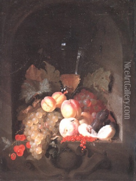 Still Life Of Covered Glass Cup, Peaches, Plums And Other Fruits Oil Painting - Jan Jansz de Heem the Younger