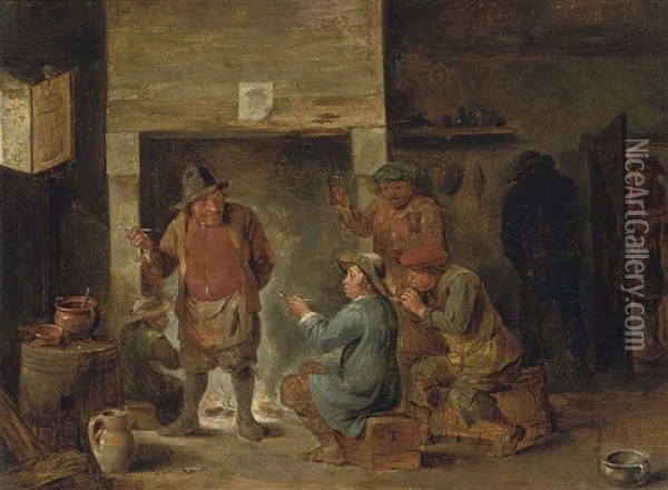 Peasants In A Tavern Smoking And Drinking Oil Painting - Juliaen Teniers the Younger