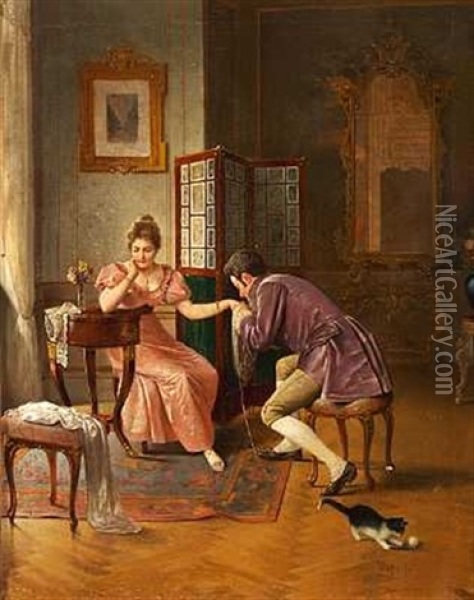 Interior Med En Frierscene. Katten Springer Efter Det Tabte Garnnogle Oil Painting - Alois Heinrich Priechenfried