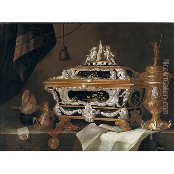 Still Life With An Elaborate Silver And Black Lacquer Casket, A Gilt Cup And Cover, A Teapot, A Letter, A Medallion, Nautilus Cup And A Watch All On A Ledge Oil Painting - Pieter Gerritsz van Roestraten