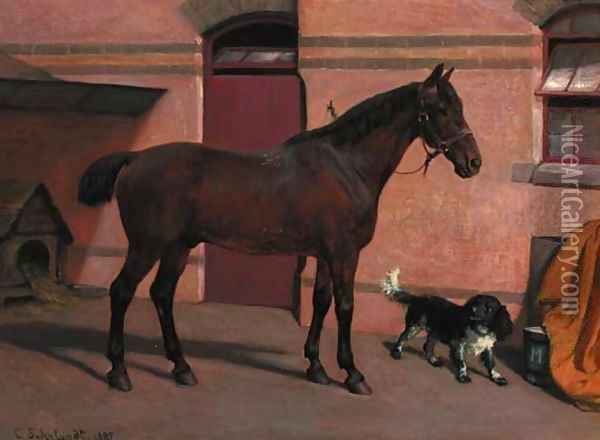 A bay hunter with a spaniel in a stable yard Oil Painting - Carl Suhrlandt