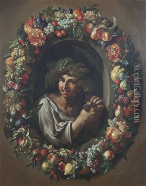 A Bacchante With Grapes, Surrounded By An Oval Of Mixed Fruits Oil Painting - Michelangelo Cerquozzi