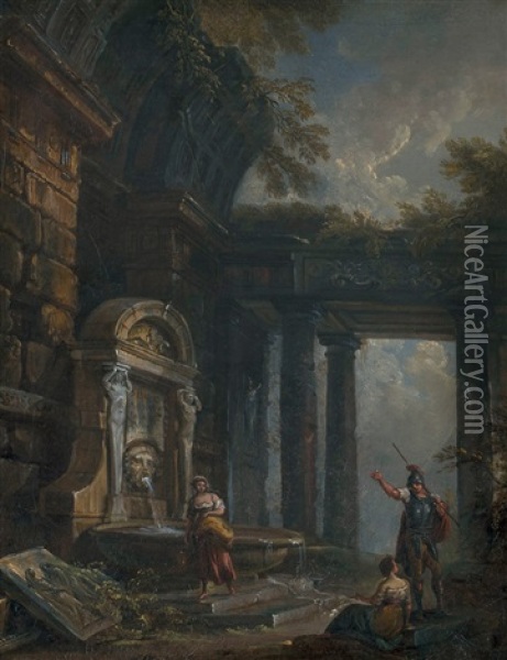 Femmes Et Soldat Pres De La Fontaine Oil Painting - Giovanni Paolo Panini
