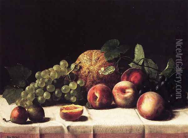 Still Life with Cantaloupe, Peaches and Grapes Oil Painting - George Hetzel