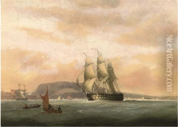 A 74-gun Heeling In The Breeze In Plymouth Sound Oil Painting - Nicholas Matthew Condy