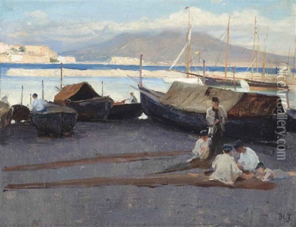 On The Shore, Vesuvius Beyond Oil Painting - Holger Hvitfeldt Jerichau