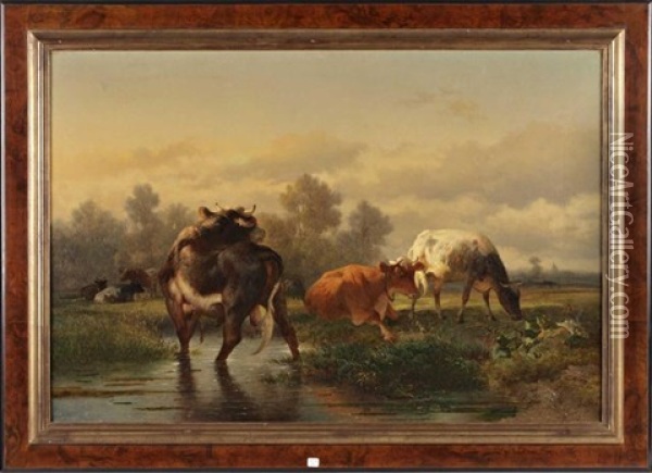 Taureau Et Vaches Au Pre Oil Painting - Louis Robbe