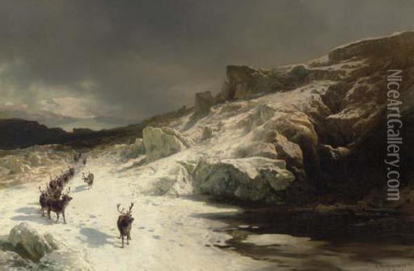 Elk In A Snowy Landscape Oil Painting - Herman Herzog