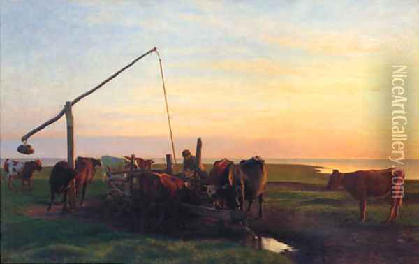 Cattle Watering At Sunrise Oil Painting - Hans Brasen