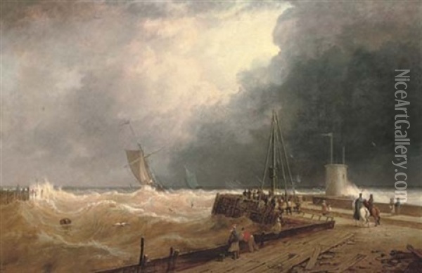 Hoisting The Storm Cones Oil Painting - J. Ward