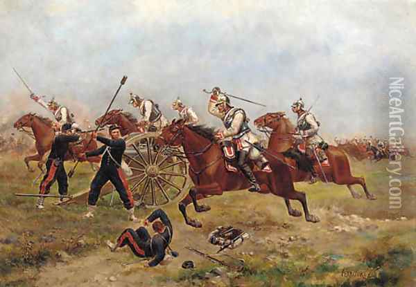 German cavalry charging French artillery Oil Painting - Paul Emile Leon Perboyre