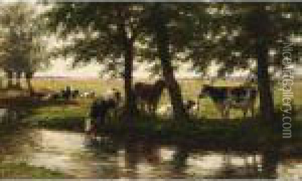 Cows Near The Waterside Oil Painting - Willem Carel Nakken