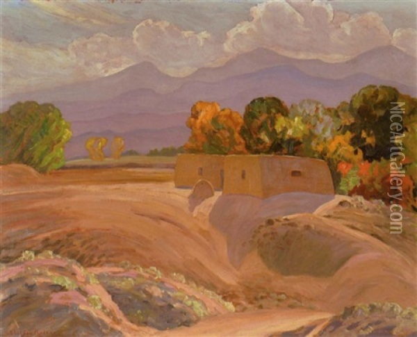 Mid-afternoon Shadows And A Pueblo Oil Painting - Sheldon Parsons