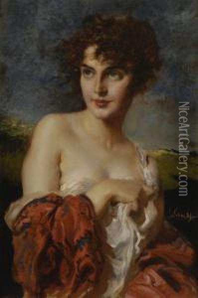 Junge Frau Mit Rotem Schal. Oil Painting - Leopold Schmutzler
