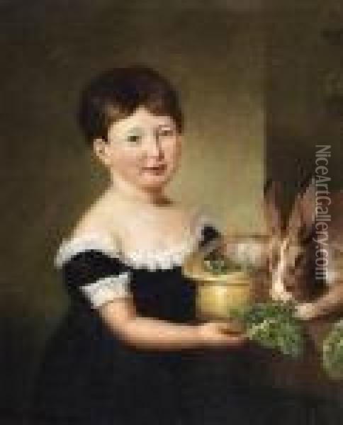 Child Feeding A Rabbit Lettuce Oil Painting - George Henry Harlow